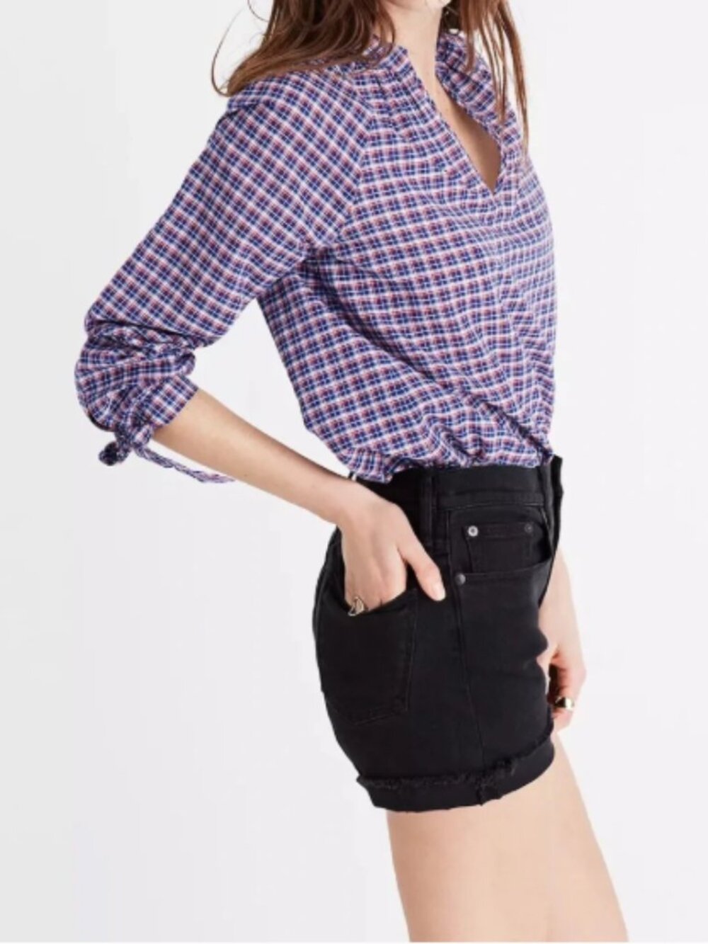 Madewell Whitby Plaid Tie Sleeve Popover Blouse Cotton Linen Size M